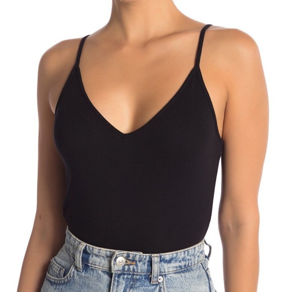 bp Tops - BP. ribbed v-neck bodysuit solid black stretch